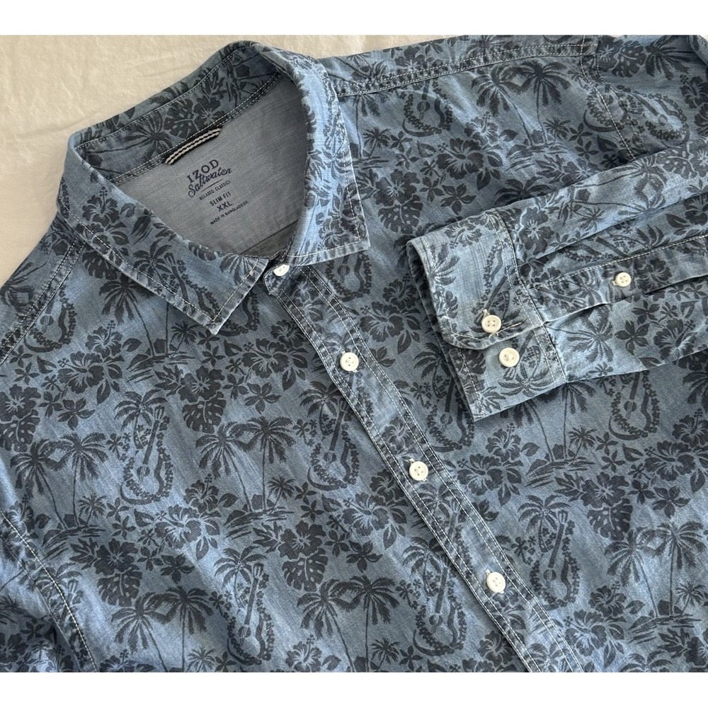 Izod Saltwater Men's Slim Fit Size XXL Relaxed Classics Denim Hawaiian Shirt